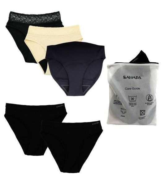 Women's Sahara period pants set with 5 pairs and laundry bag - day and night protection